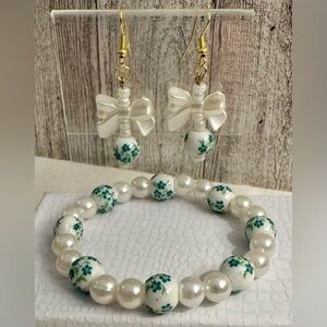 Handmade Pearl, Green Floral Jewelry Set Stretch Bead Bracelet and Hook Earrings